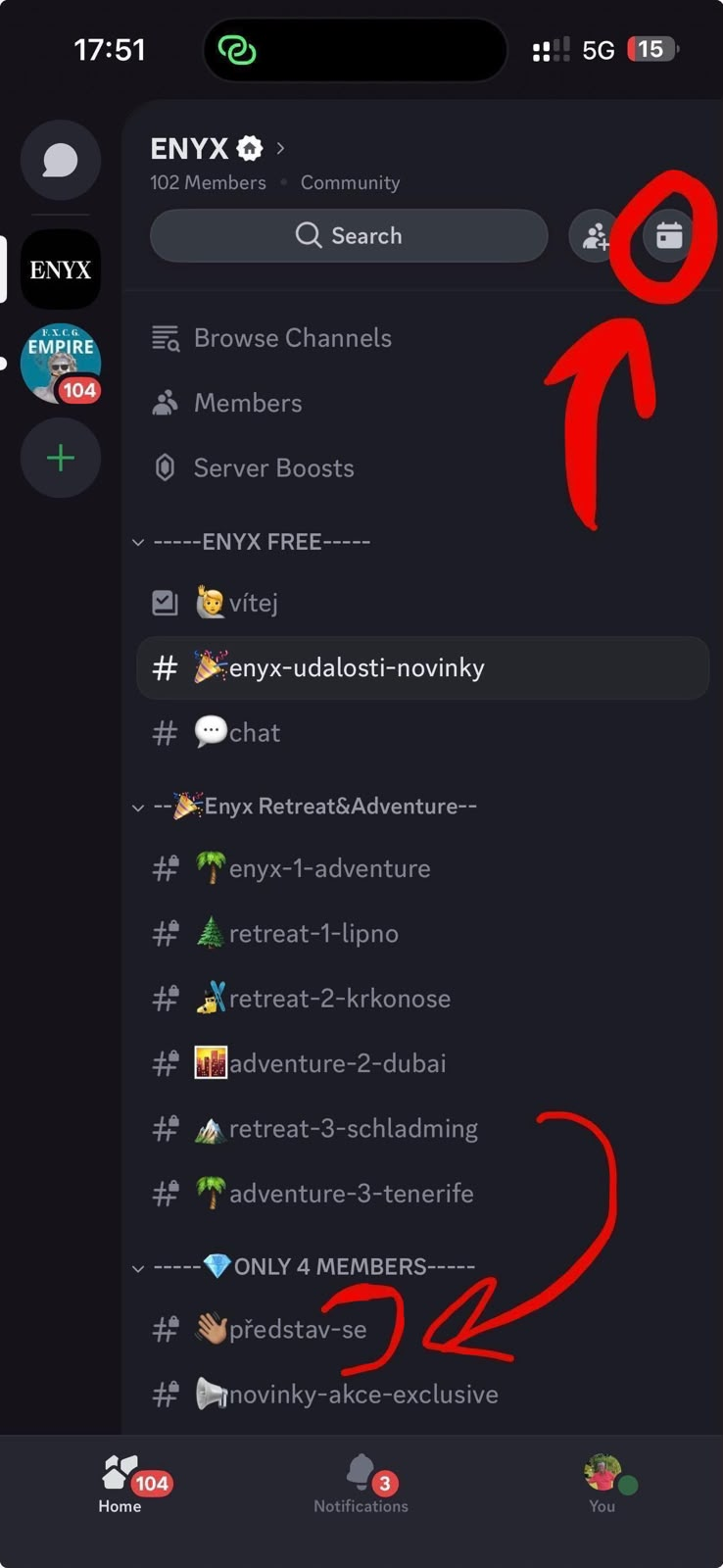 Discord - kanál představ-se dole a kalendář akcí vpravo nahoře